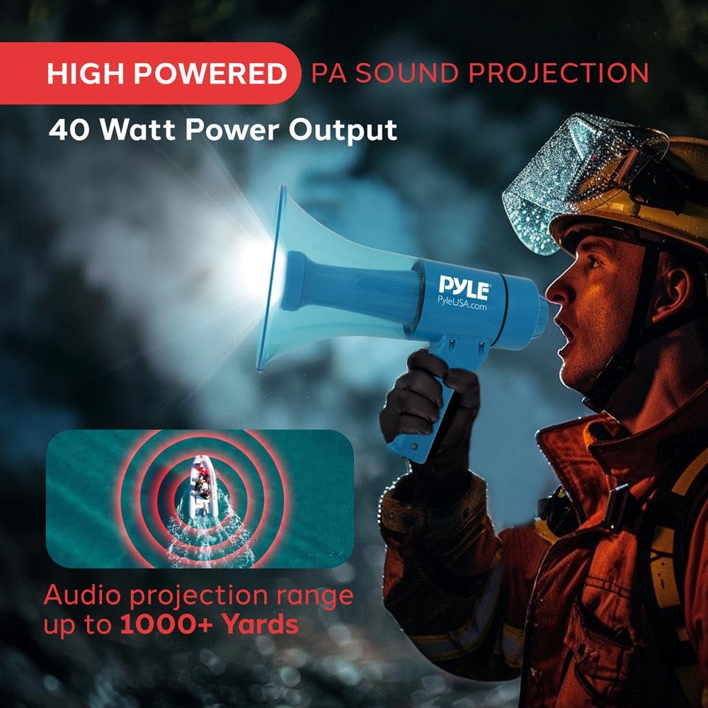 Pyle Megáfono PA portátil con Sirena de Alarma y Volumen Ajustable, 40 W, Ligero, Grado Marino, Impermeable, Funciona con Pilas AA para Uso en Interiores y Exteriores