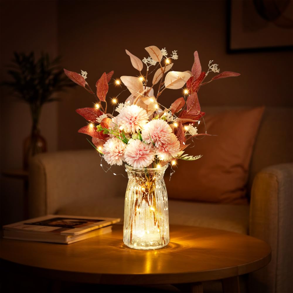 Ximoryn Artificial Hydrangea Flower Set with Glass Vase and LED Lights - Realistic Decor for Home (Pink)