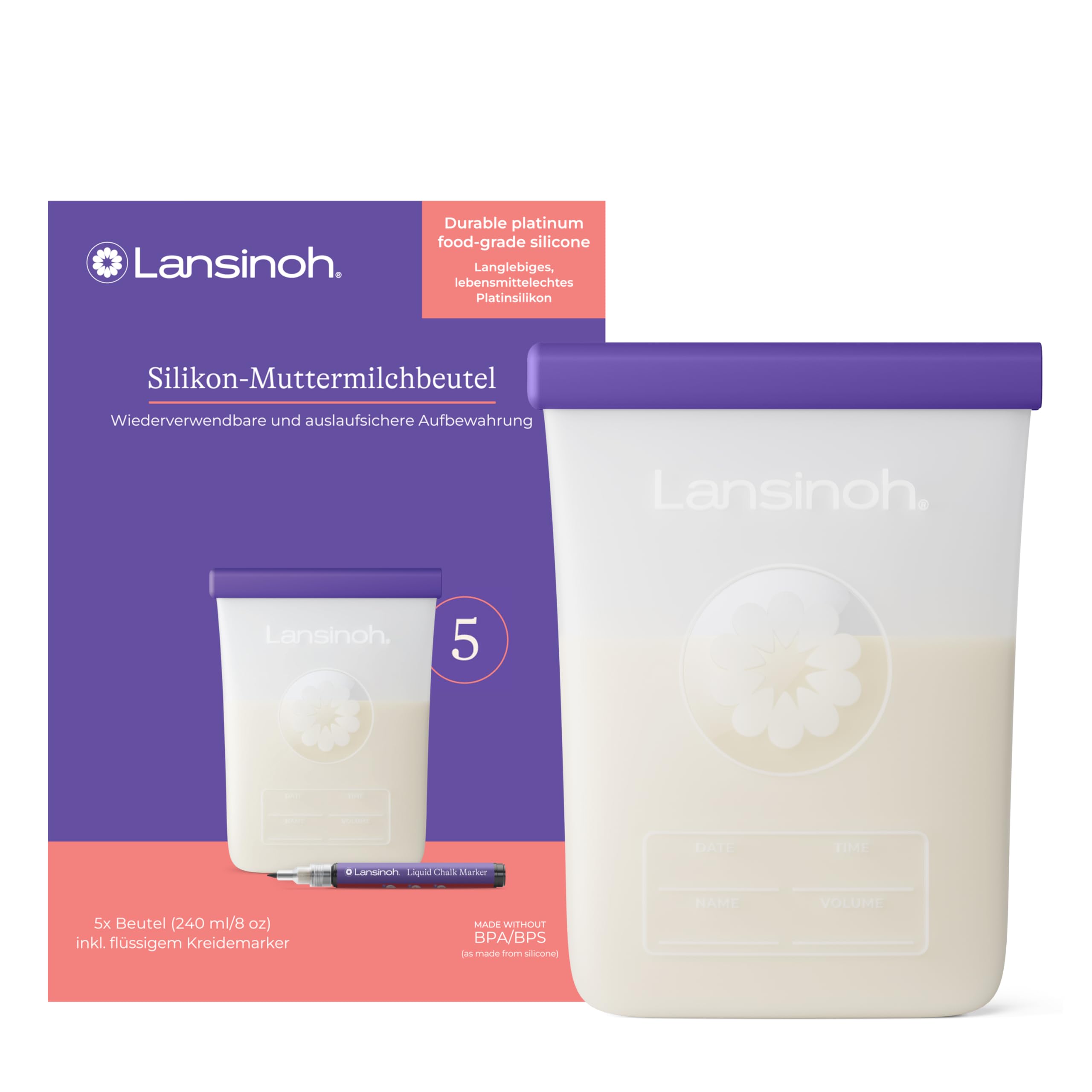 Lansinoh Silikon Muttermilchbeutel – wiederverwendbar – Muttermilch auslaufsicher im Kühlschrank oder Gefrierfach aufbewahren – 5 Stück inkl. Kreidemarker – 240 ml
