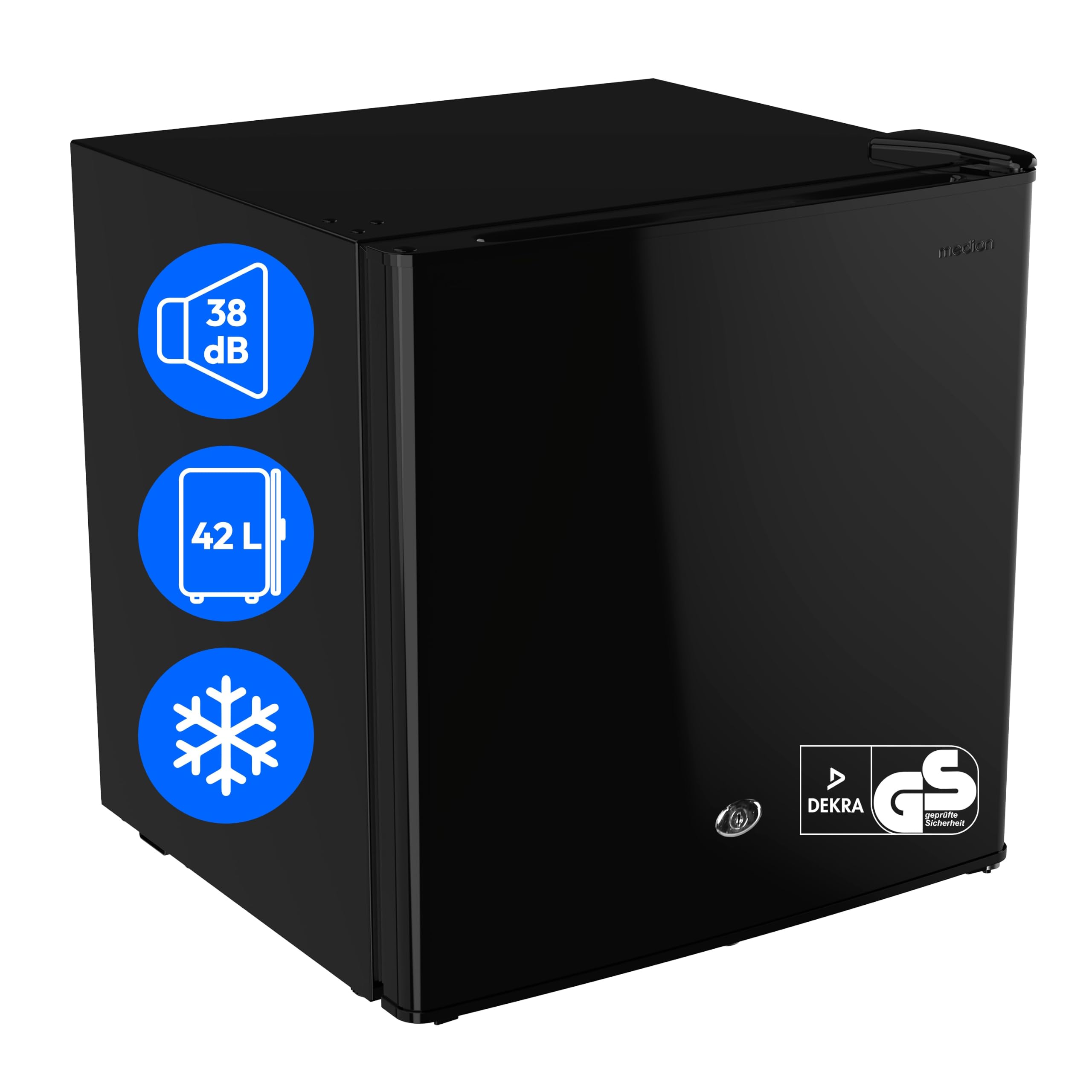 MEDION Mini Kühlschrank mit Schloss und Eisfach (klein, leise, abschließbar, 42L kleiner Kühlschrank für Büro Hotels Minibar Camping Gaming, Speisen & Eis, Türanschlag wechselbar, MD 370001) schwarz