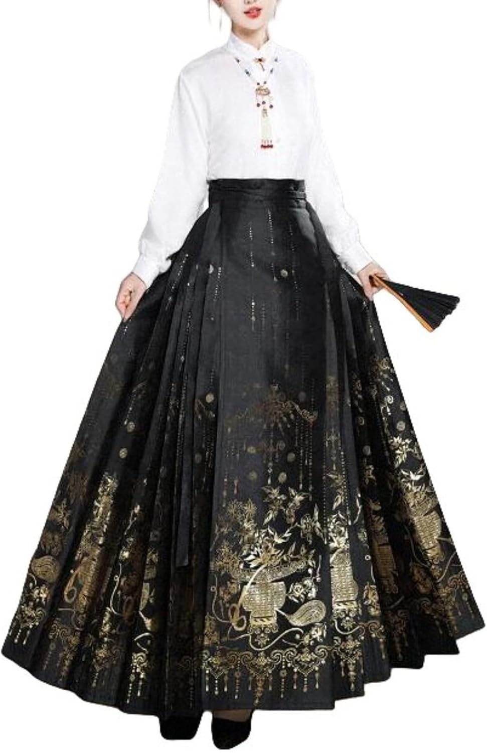 Pleated Maxi Long Skirt for Women Elegant Vintage Chinese Style Horse Face Skirt Traditional Hanfu Mamianqun