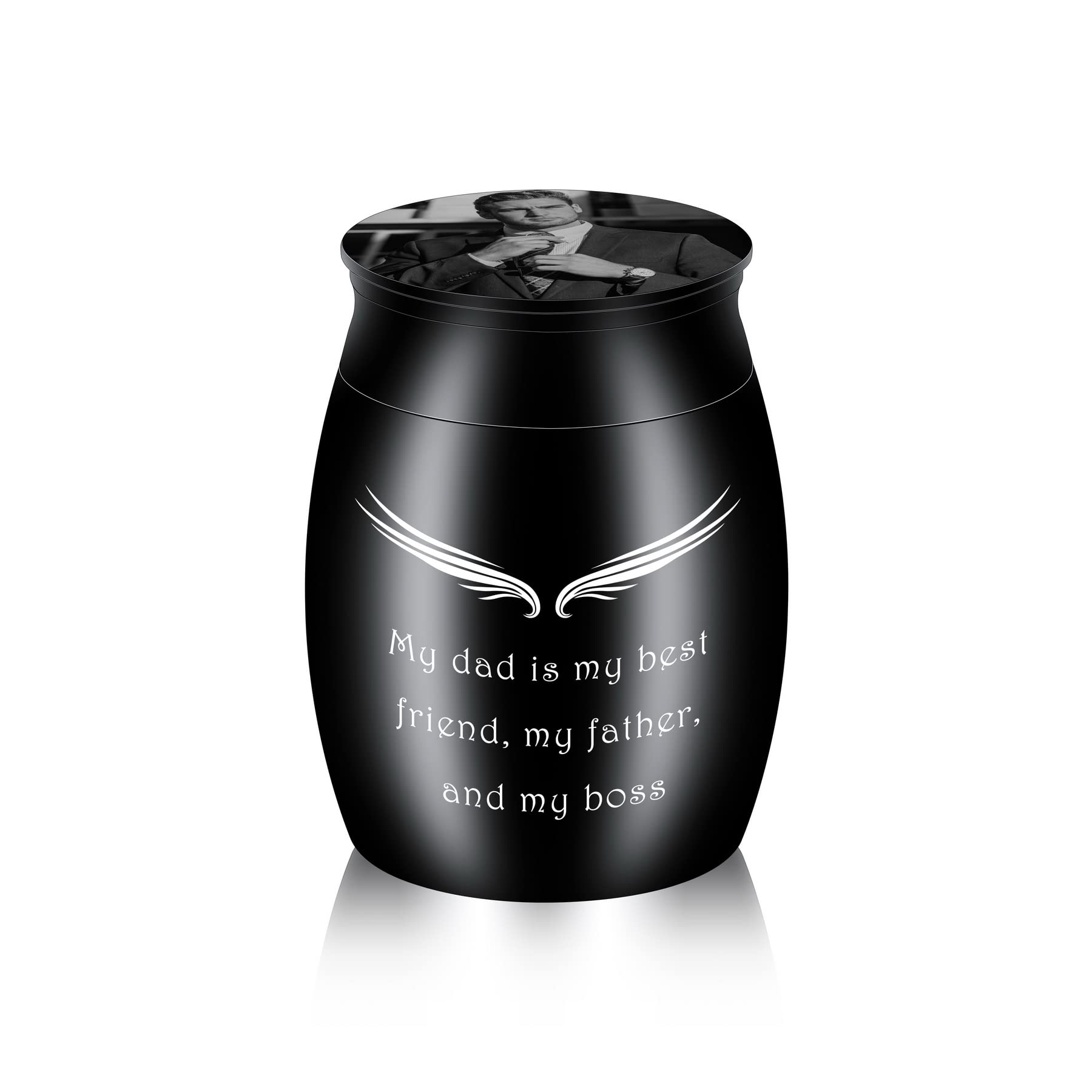 MeMeDIY Small Keepsake Urn for Human Ashes Mini Pet Cremation Urn Personalized Photo Birthstone Memorial Ashes Holder Stainless Steel Decorative Ashes Container (Black, Black & White Photo, Custom)