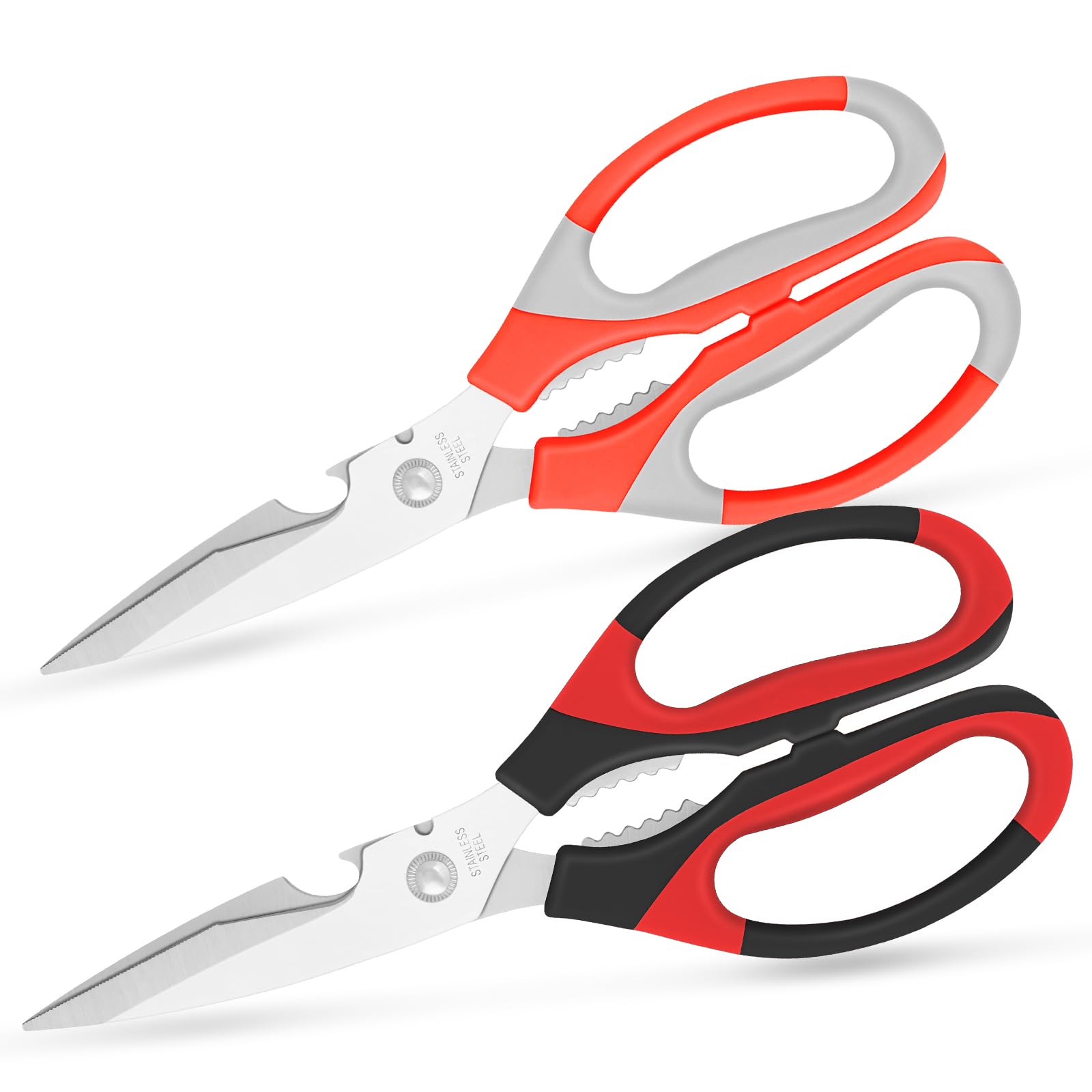 Vutyvve Kitchen Scissors, Stainless Steel Blades, Soft Grip, Multifunctional Kitchen Scissors Set, Red Black/Orange Grey, Set of 2