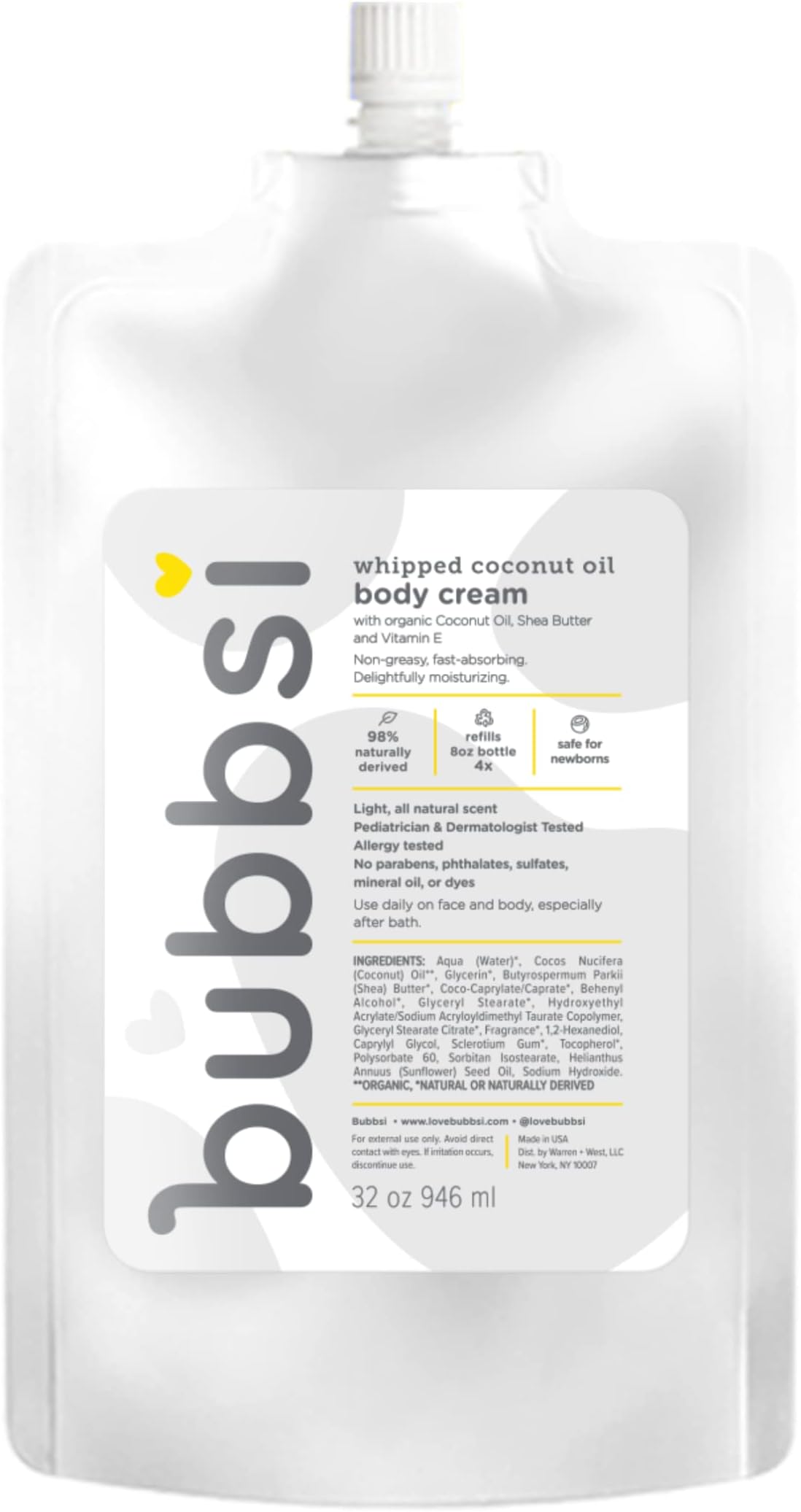 Whipped Coconut Oil Baby Lotion for Eczema, Dry Skin, Baby Acne, KP | Organic Coconut Oil, Shea Butter, Vitamin E | Light, Natural Scent | EU Compliant, Vegan (Refill Pouch, 32oz)