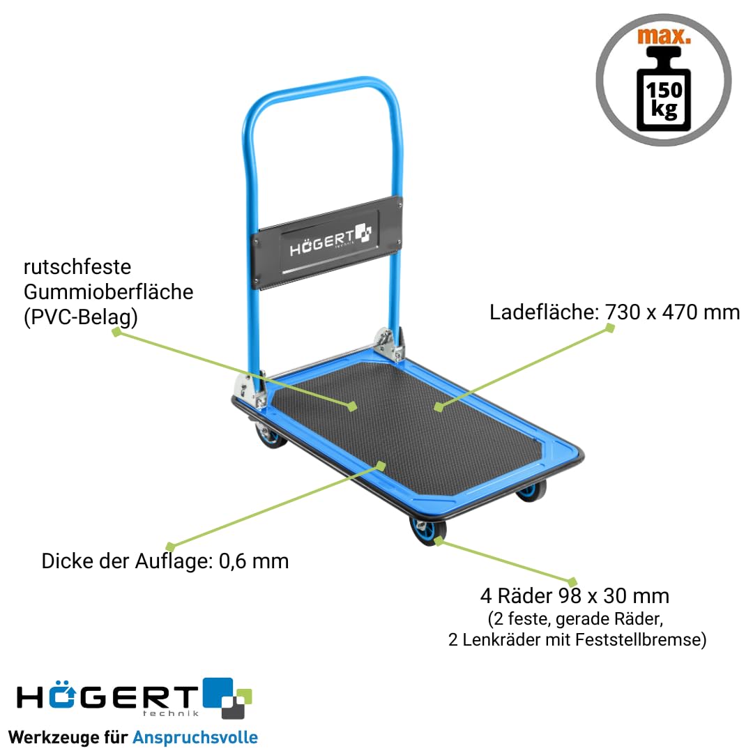 Högert Technik - Handwagen 730 x 470 mm - Tragfähigkeit bis 150 kg - 2 Lenkräder und 2 Feste, gerade Räder - Haltegriffe Sackkarre Transportkarre Stapelkarre Wagen