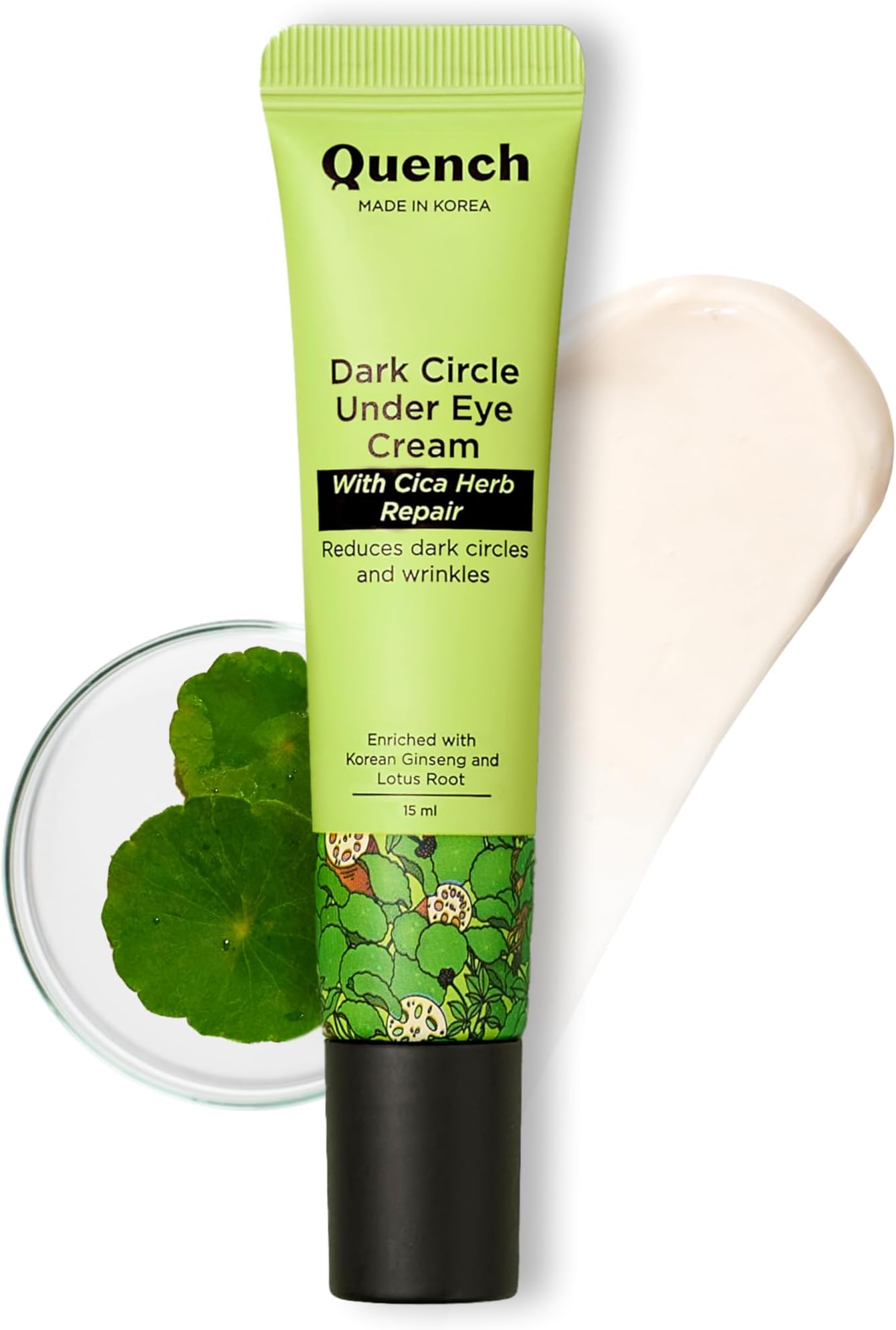 Quench Korean Dark Circle Under Eye Cream with Cooling Massage Roller | Enriched with Cica Herb Repair & Korean Ginseng | Reduces Puffiness & Fine Lines | Brightens Under Eye | Made in Korea (15ml)