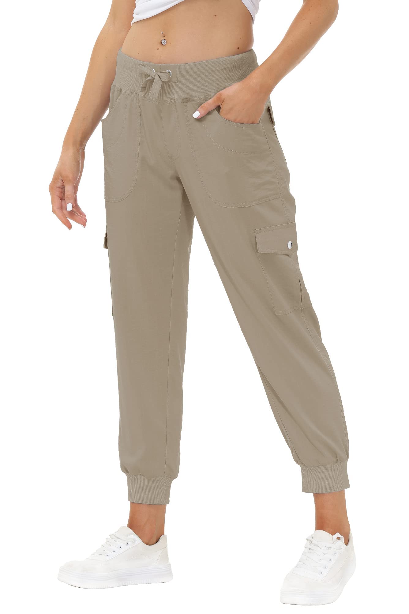 JINSHI Hosen Damen Cargohose Lange Capri Freizeithose Outdoor Jogginghose High Waist mit Kordelzug