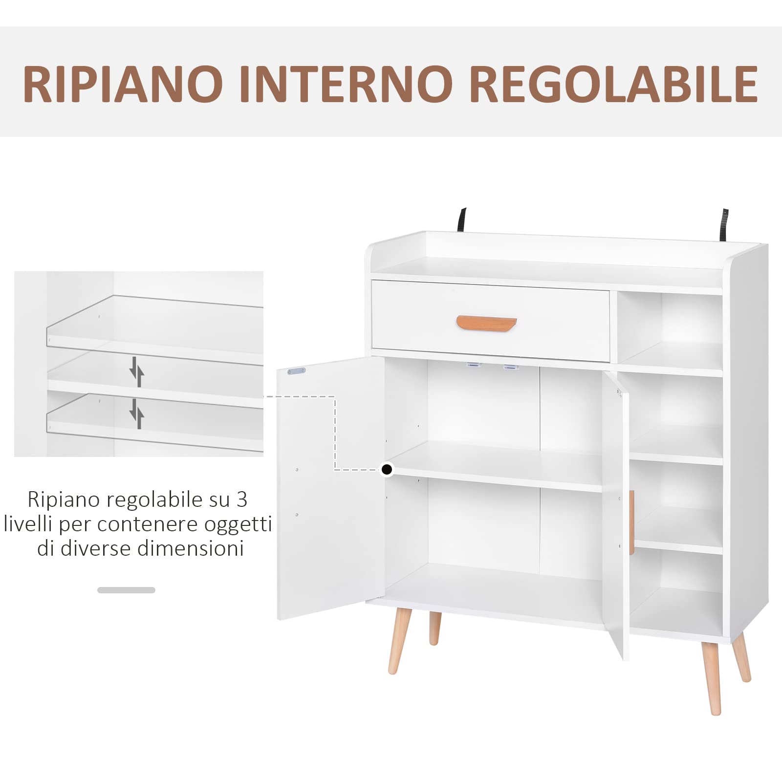 HOMCOM Credenza Moderna con Armadietto e Cassetto, Mobile Multiuso in Legno per Cucina e Salotto, 80 x 29.5 x 96cm Bianco