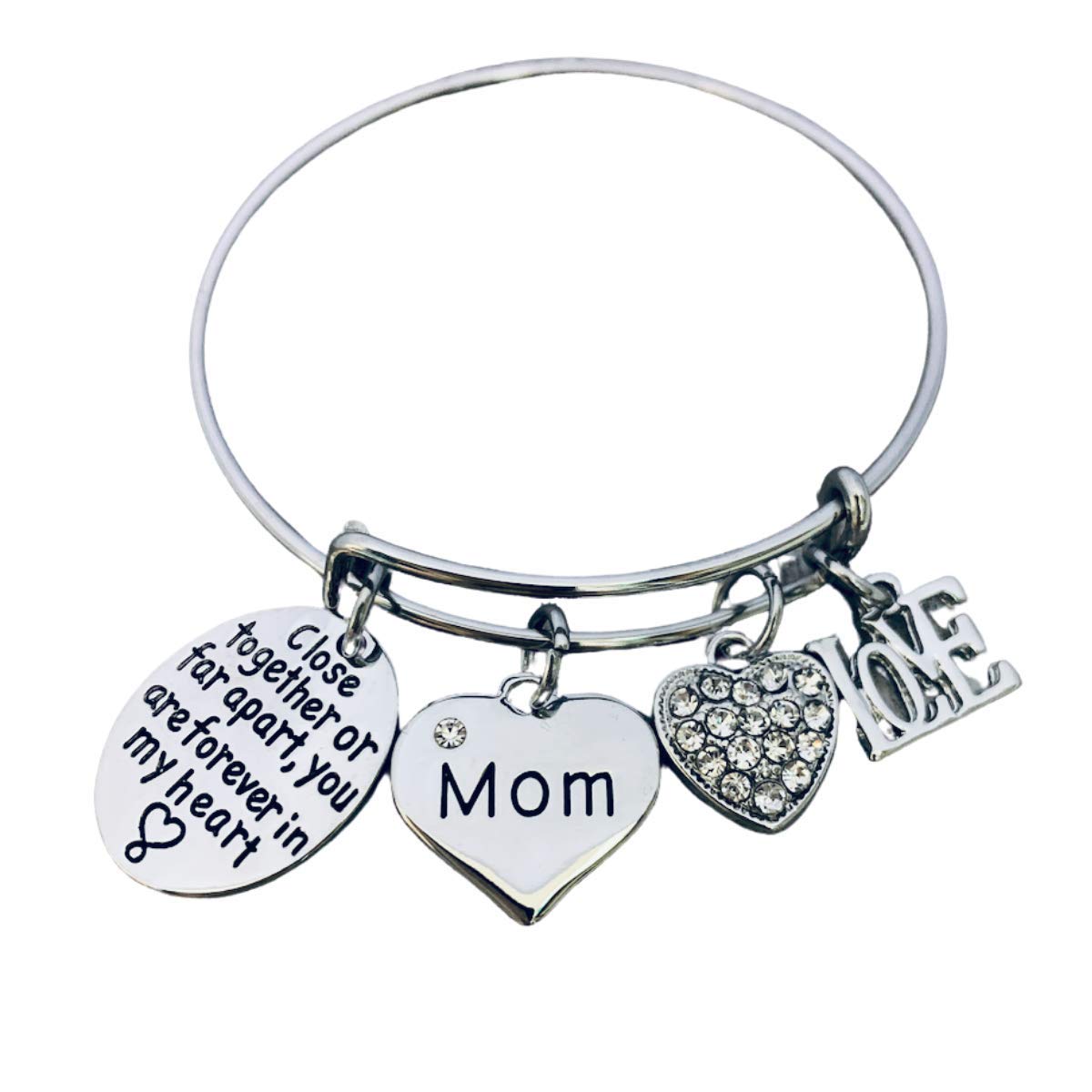 Infinity Collection Mom Bracelet- Mom Charm Bangle Jewelry- Close Together or Far Apart, You Are Forever in My Heart - Gift for Mothers, Mother’s Day, Birthday Gift for Her, Adult, silver plated