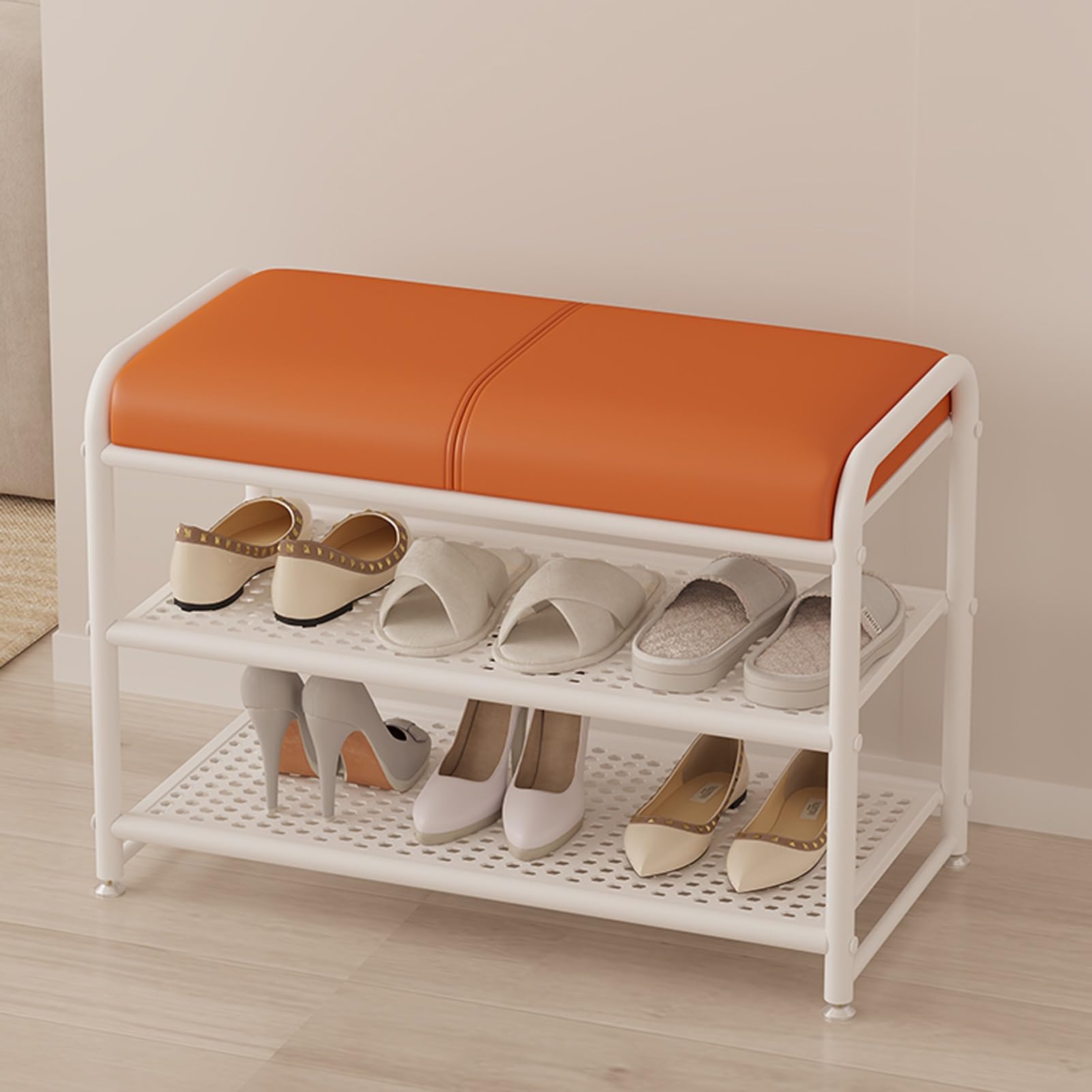 GHFXSCV Stylish Shoe Storage Bench with PU Leather Cushion, Upholstered Entryway Shoe Rack, Metal Frame, Modern Hallway nizer (ge & White, 50x32.5x48cm)