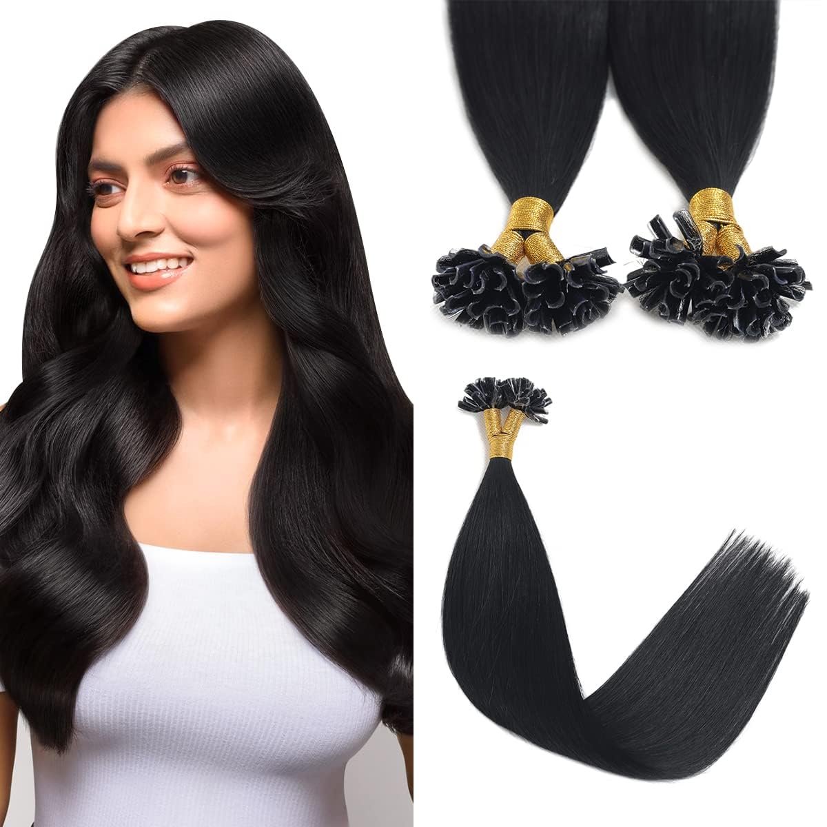 Sindra Echthaar Extensions Bondings 50cm Schwarz | Keratin Echthaar Extensions, 50g 50 Stränge, U Tip Extensions Echthaar, Seidig Gerade, Haarverlängerung, 20 Zoll