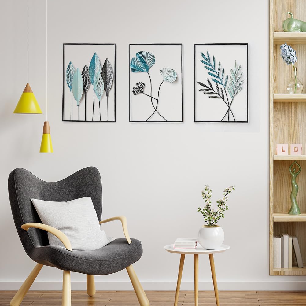 Zinueen 3 stuks wanddecoraties van metaal, zwart, minimalistische metalen muurkunst, wanddecoratie, bladwanddecoratie, thuismuurkunst, decoratieve schilderijen, voor thuis, woonkamer, slaapkamer : Zinueen