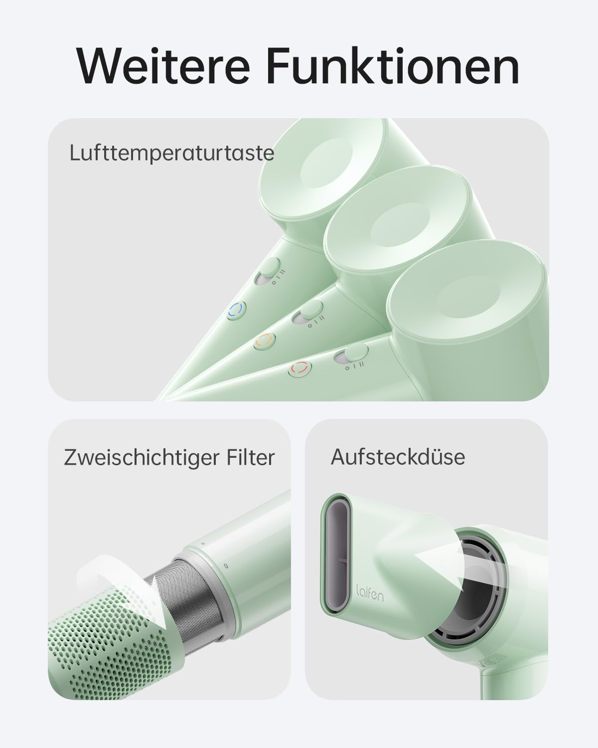 Laifen SE Lite Haartrockner, 345 g leicht, 100.000 U/min, Mintgrün