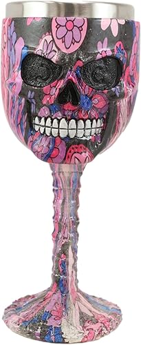 Ebros Día de los Muertos Colorido Rosa Floral Azúcar Calavera Cara Bebida Copa de Vino Cáliz Beber Serveware Osario Macabra Halloween Decorativo