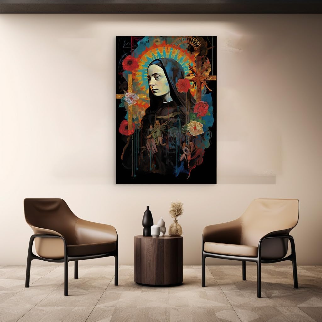 Canvas for Living room. Serene Reflections in Shadow � The Spiritual Essence of a Nun Amidst Symbolic Imagery, 27 x 18 inch Canvas Wall Art - Buddhist Serenity - Modern Home Decor