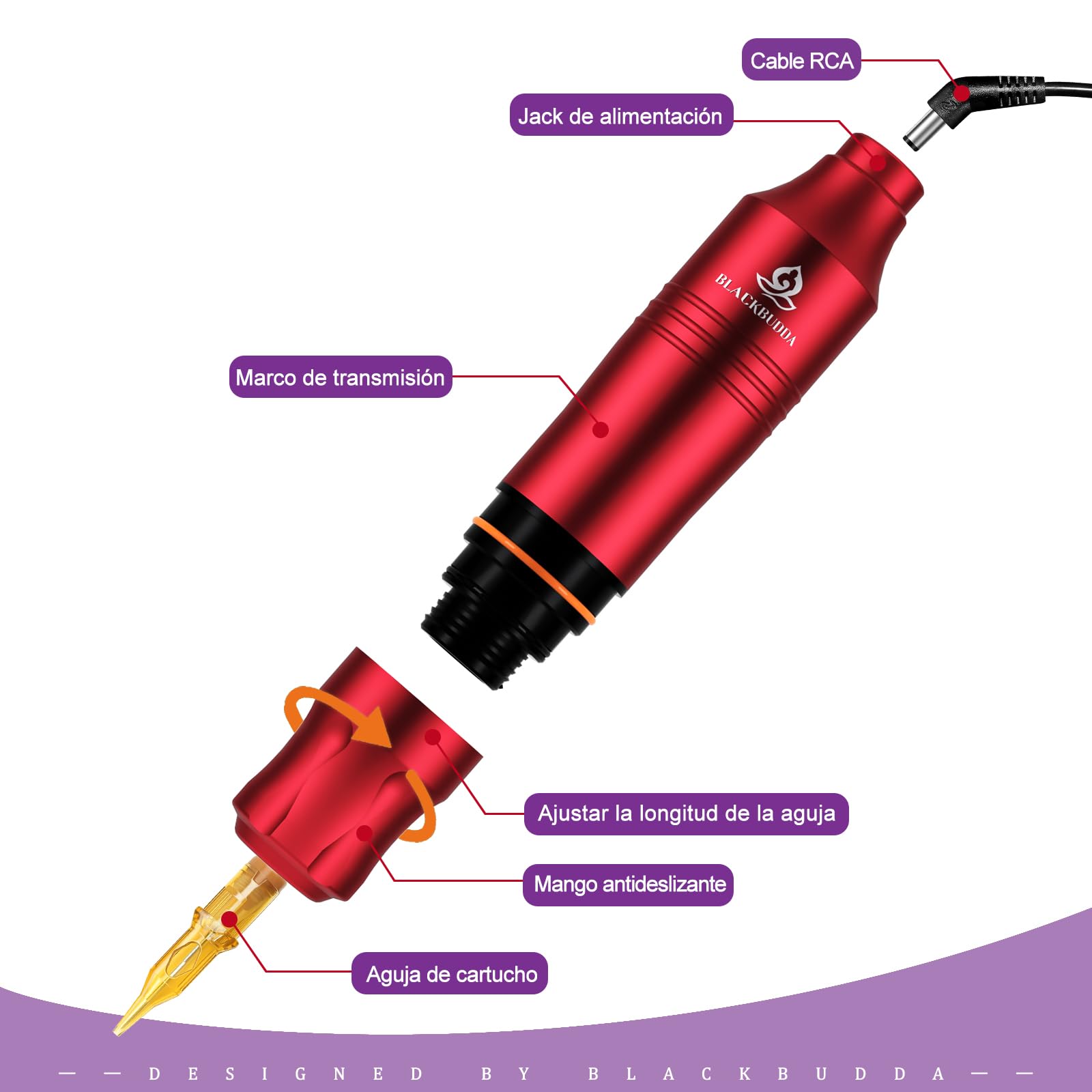Blackbudda Maquina de Tatuar, Kit de máquina de tatuaje rotativa estilo pluma con suministro de energía, pedal y pigmento, 20pcs agujas de cartucho Kit de práctica de maquillaje (rojo)