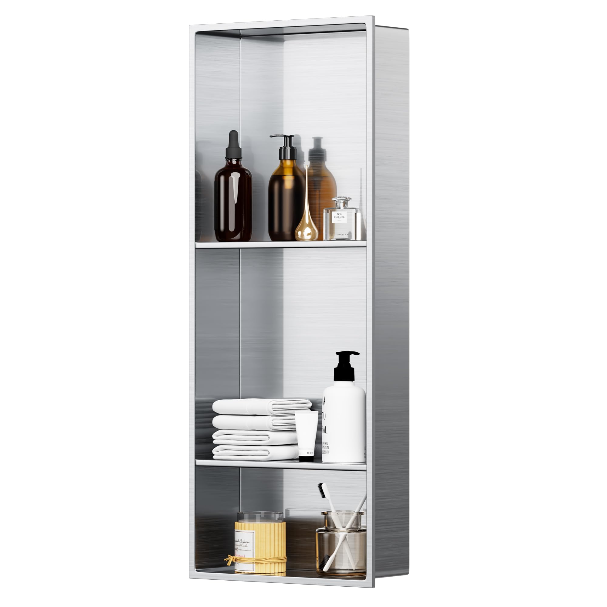 BATHLAVISH 12 X 30 No Tile Needed Shower Niche 304 Stainless Steel 3-Tier Shelves Insert Recessed Shower Wall