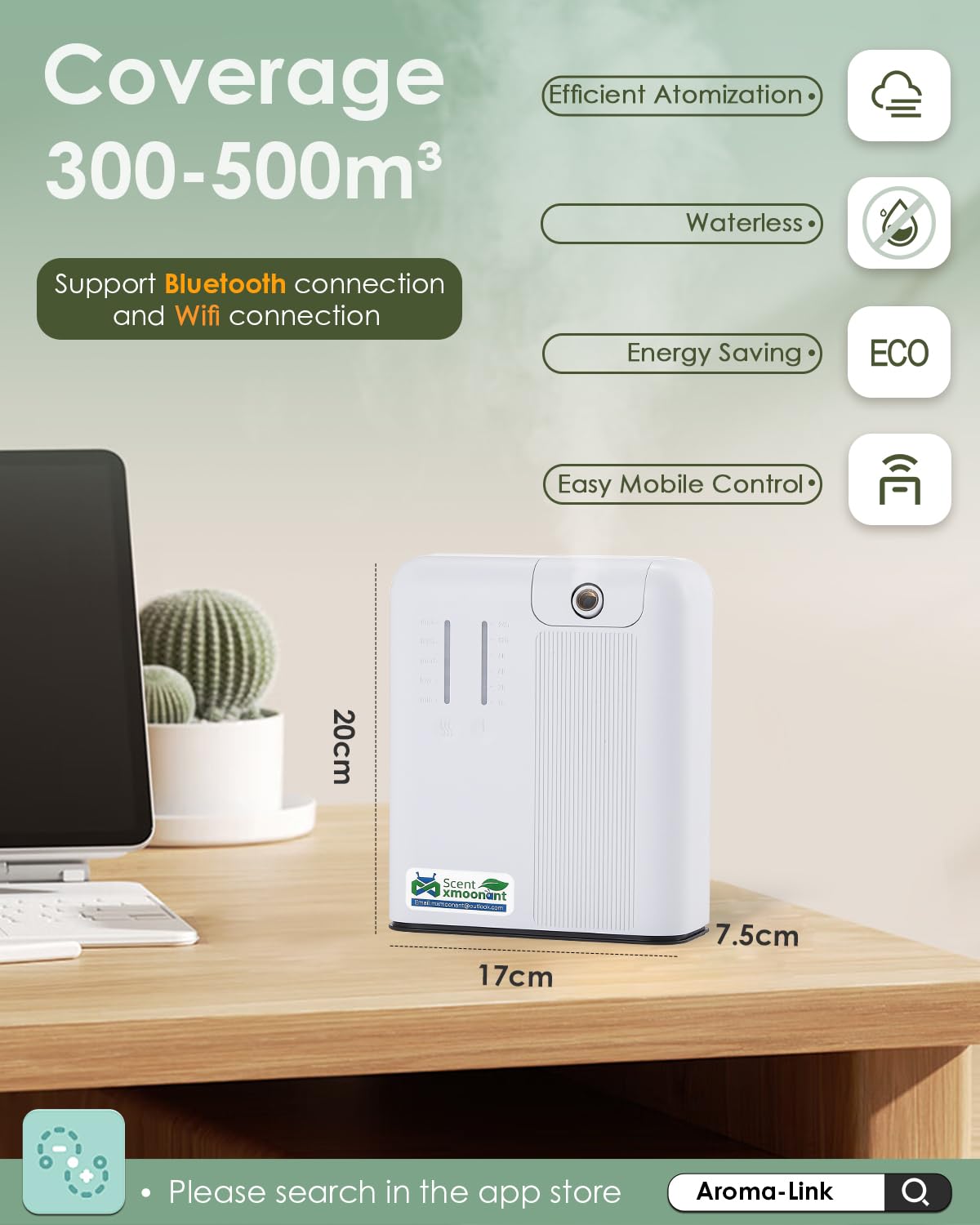 Mxmoonant wasserlose Duftmaschine, 300ml | App/WLAN-Steuerung, HVAC-kompatibel, wandmontierbar, 300-500m³, für Zuhause/Büro/Laden/Hotel