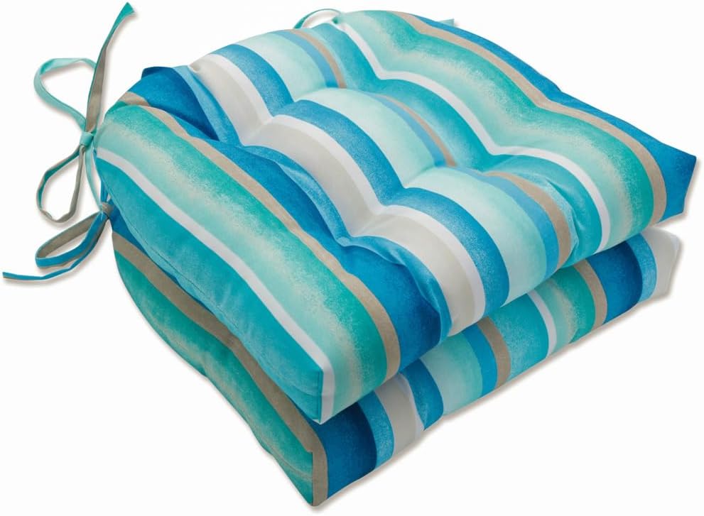 Pillow Perfect Stripe Indoor/Outdoor Chairpad with Ties, Tufted, Weather, and Fade Resistant, 17" x 17.5", Blue/Tan Dina, 2 Count