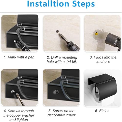 Miniatura 5 de Soporte de papel higiénico negro mate montado en la pared con estante para teléfono, soporte universal moderno para papel higiénico de megarrollo,