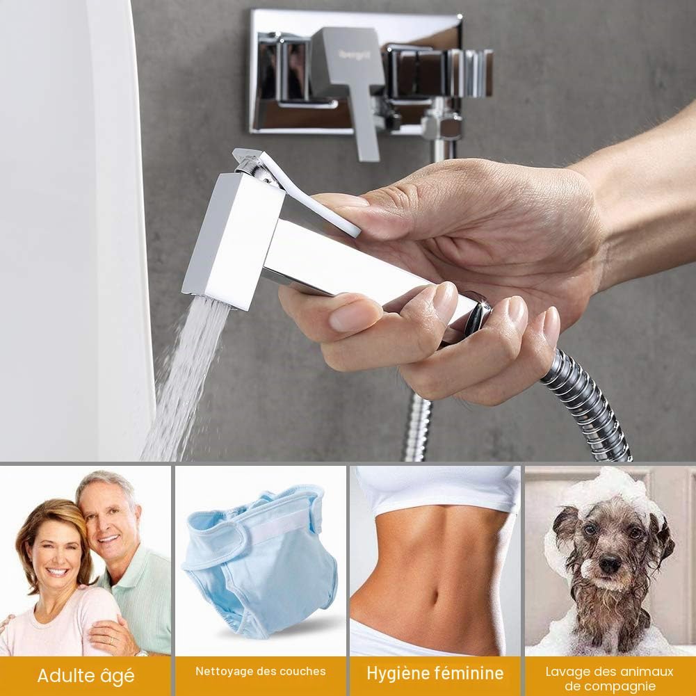 Ibergrif kit douchette WC encastré chromé | Avec flexible et support, douche pour eau chaude et froide