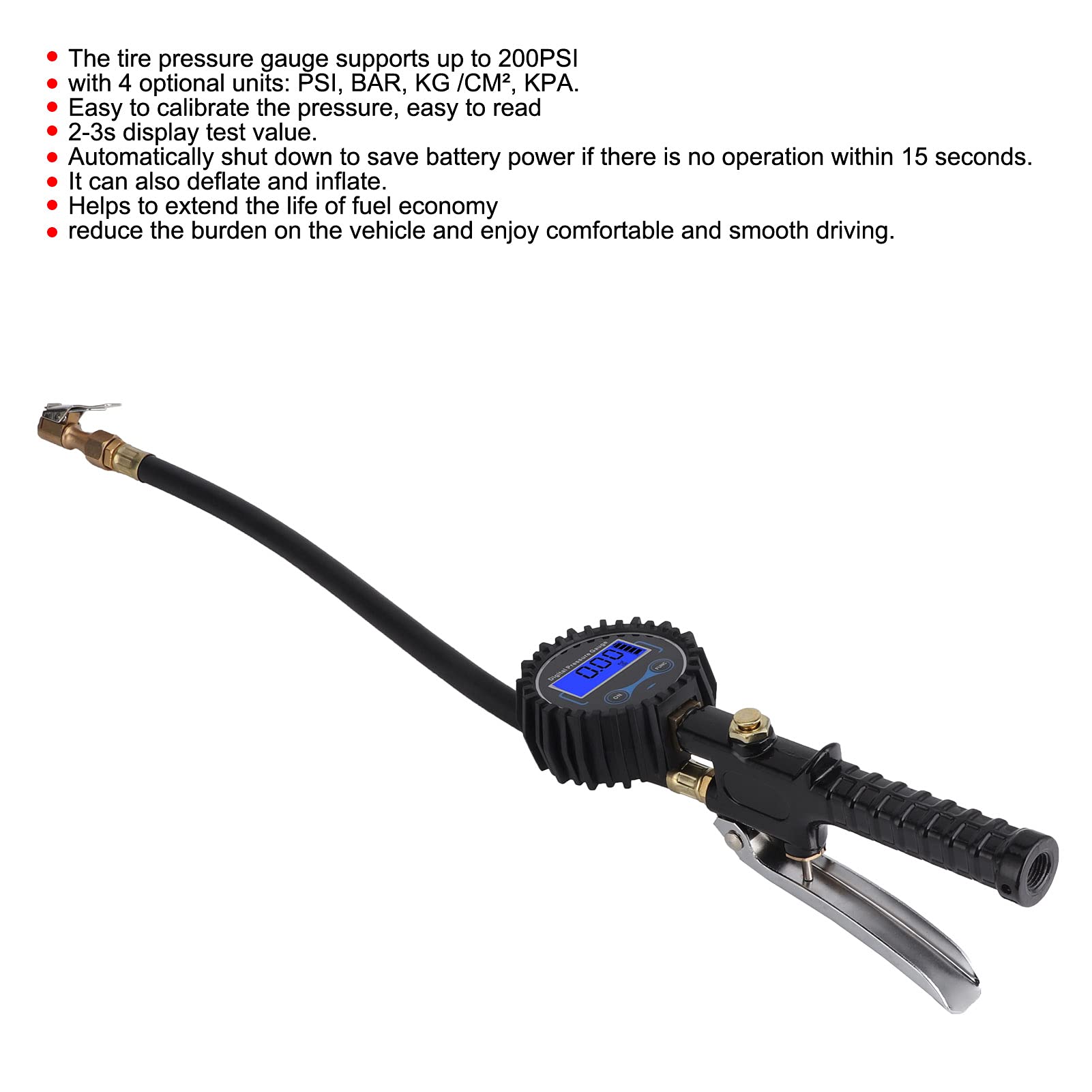 Manometro Digitale per Pneumatici, Preciso Manometro Digitale Auto Camion Moto Bicicletta con Valvola di Sfiato, 200 PSI, 4 Unità di Misura, Acciaio Inossidabile e Ottone for Veicoli e Biciclette