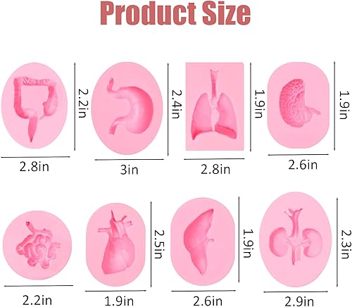Miniatura 3 de Moldes de silicona con forma de órganos humanos, 8 unidades, molde de silicona para cerebro y corazón, para hígado, pulmón intestinal, chocolate