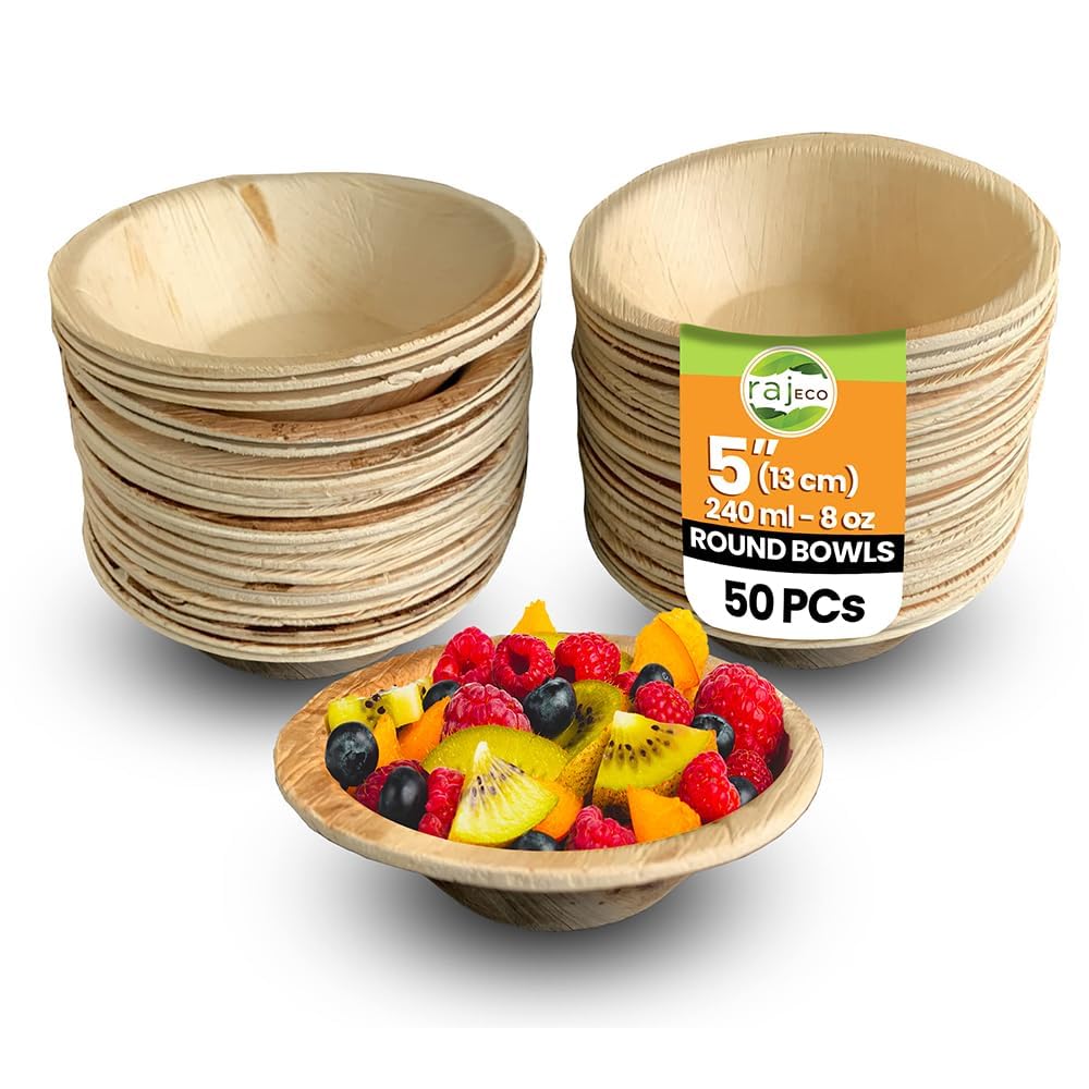 Raj Palm Leaf Round Bowls 5" (13cm) | 50 Pack | Compostable Disposable