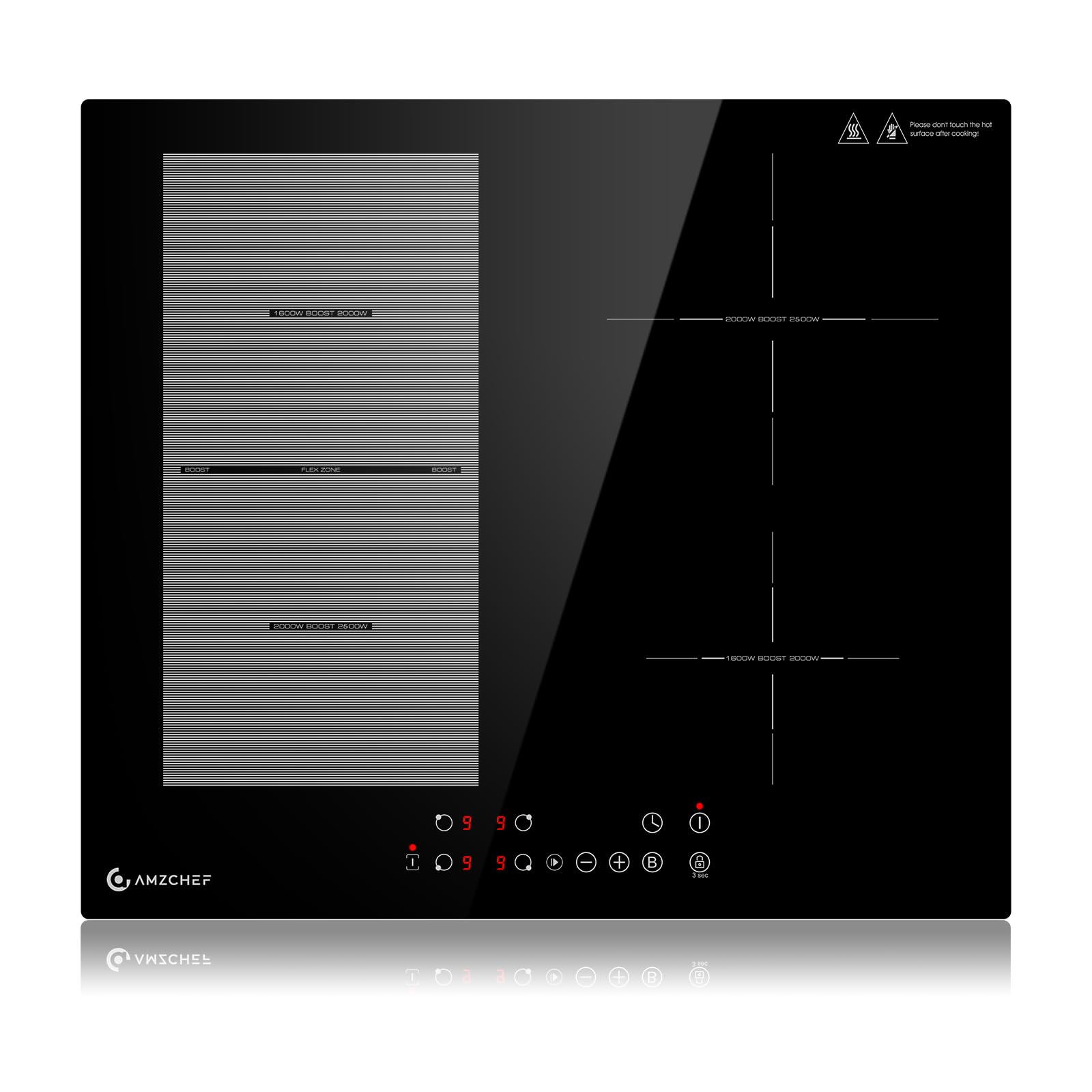Piano cottura a induzione AMZCHEF da 60 cm con 4 zone boost flessibili, 9 livelli, funzione warm up e STOP + GO, 7400W, touchscreen, blocco di sicurezza e timer