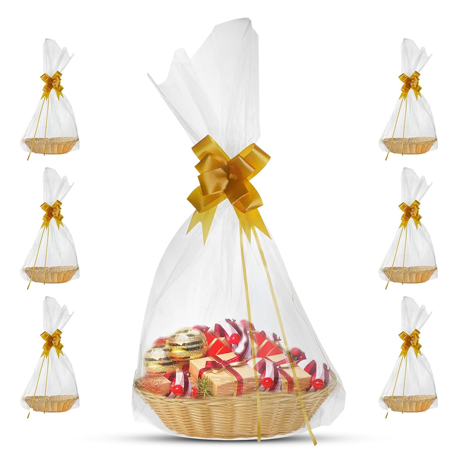 Kit para hacer cestas de regalo vacías de Sneaky Mango con 6 cestas de mimbre, lazos de celofán y suministros para cestas de regalo navideñas para manualidades, decoración y exhibición.