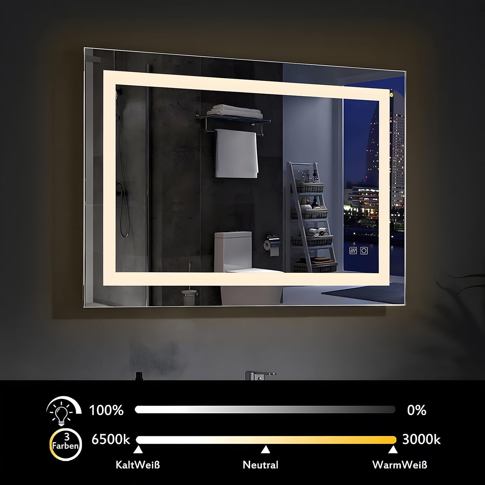 MIQU Specchio da bagno a LED, 90 x 60 cm, con illuminazione, bianco caldo/bianco freddo, dimmerabile, con touch + antiappannamento, rettangolare,Adatto per bagno,stanza da letto