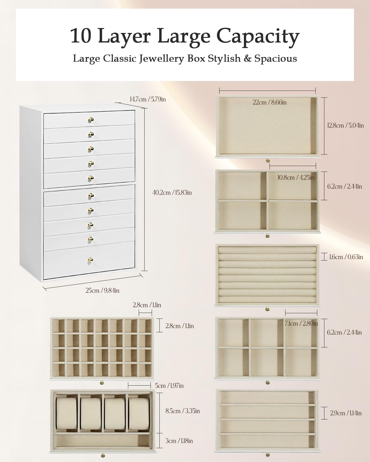 GUKA Large Jewelry Box, Jewelry Case with 10 Drawers for Big and Small Jewelry, Jewelry Storage Organizer for Watch Earrings Necklace Rings Bracelets, Birthday Wedding Gifts, White