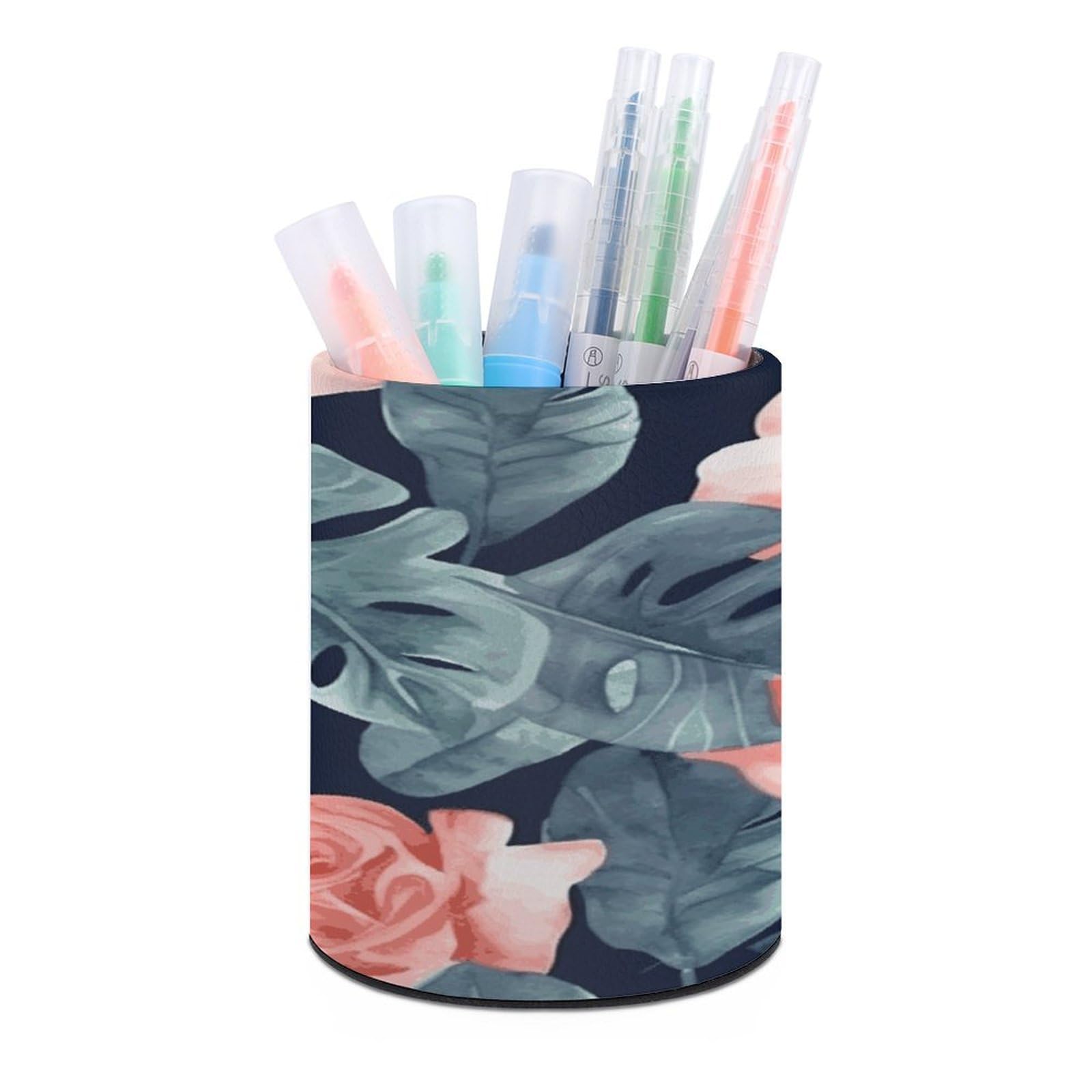 LDGSUPH Watercolor Monstera Pattern Round Pen Holder Leather Pen Cup Pencil Cup Pen Organizer Pencil Holder for Desk Organizer Pencil Organizers Makeup Brush Holders for Home Office Gift