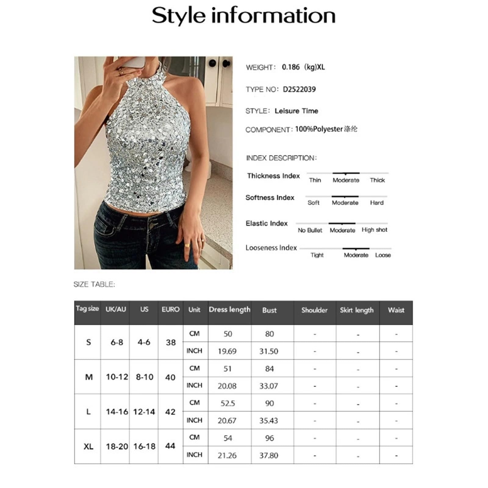 Top Halter Mujer Top sin Espalda for Mujer, Camiseta Mangas con Cuello Halter, decoración Sexy Lentejuelas, Cultivo Informal a la Moda for Fiesta y Club de Verano