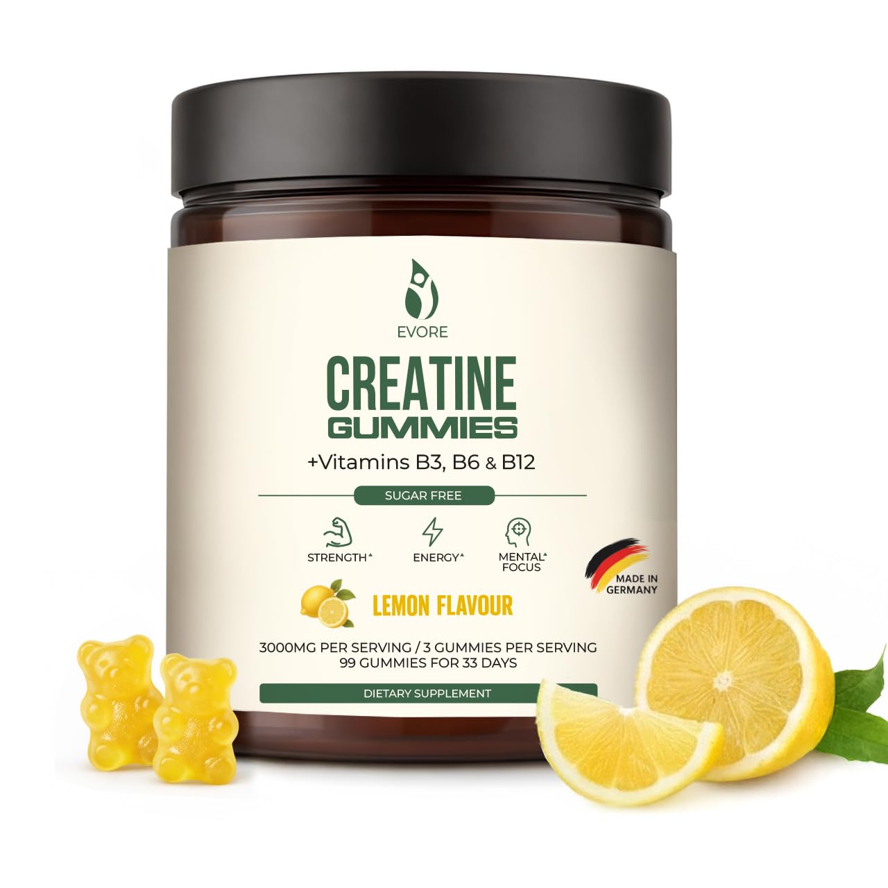 Creatina Gommose – 3000 mg di creatina per porzione – 99 gommose – Testate in laboratorio, prodotte in Germania – con vitamine B3, B6 e B12 – Alternativa a capsule e polvere – Gusto limone