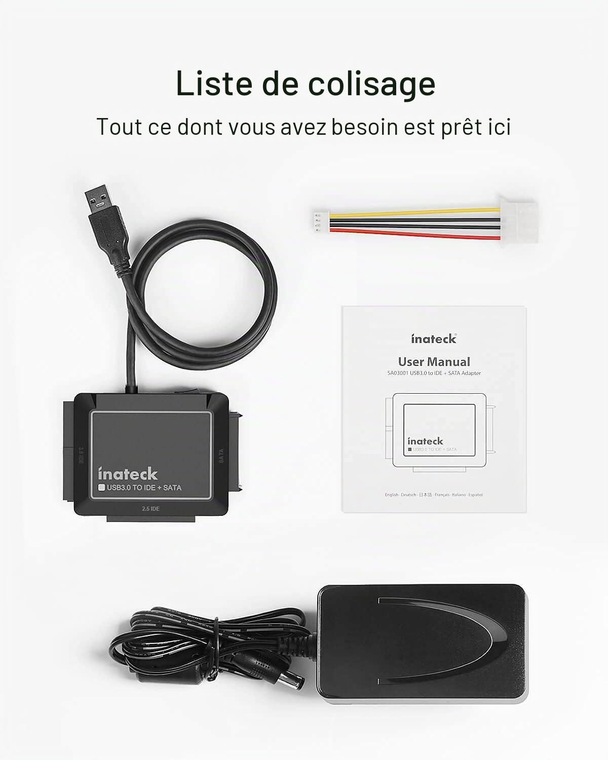 Inateck Adaptateur USB 3.0 vers IDE/SATA, Convertisseur pour 2.5"/ 3.5" HDD/SSD Disque Dur, Un Secteur d’Alimentation 12V/2A et Un câble USB 3.0 Inclus, SA03001