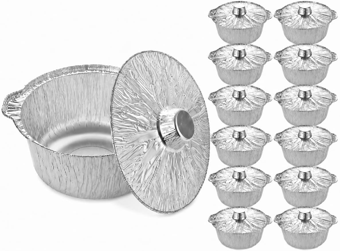 12 Pcs Disposable Aluminum Pot with Lid, 10-inch Round Aluminum Foil Pans | Round Aluminum Pans with Lids, Disposable Camping Pot for Cooking, Baking, Meal Prep, Freezer & Oven Safe, Recyclable