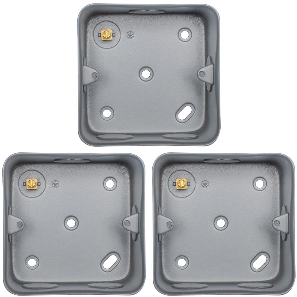 3 Pack 1 Gang 40mm Surface Mount Metal CLAD Back Box Switch Socket Rounded Earth - Heavy Duty Strong Wall Plate Holder