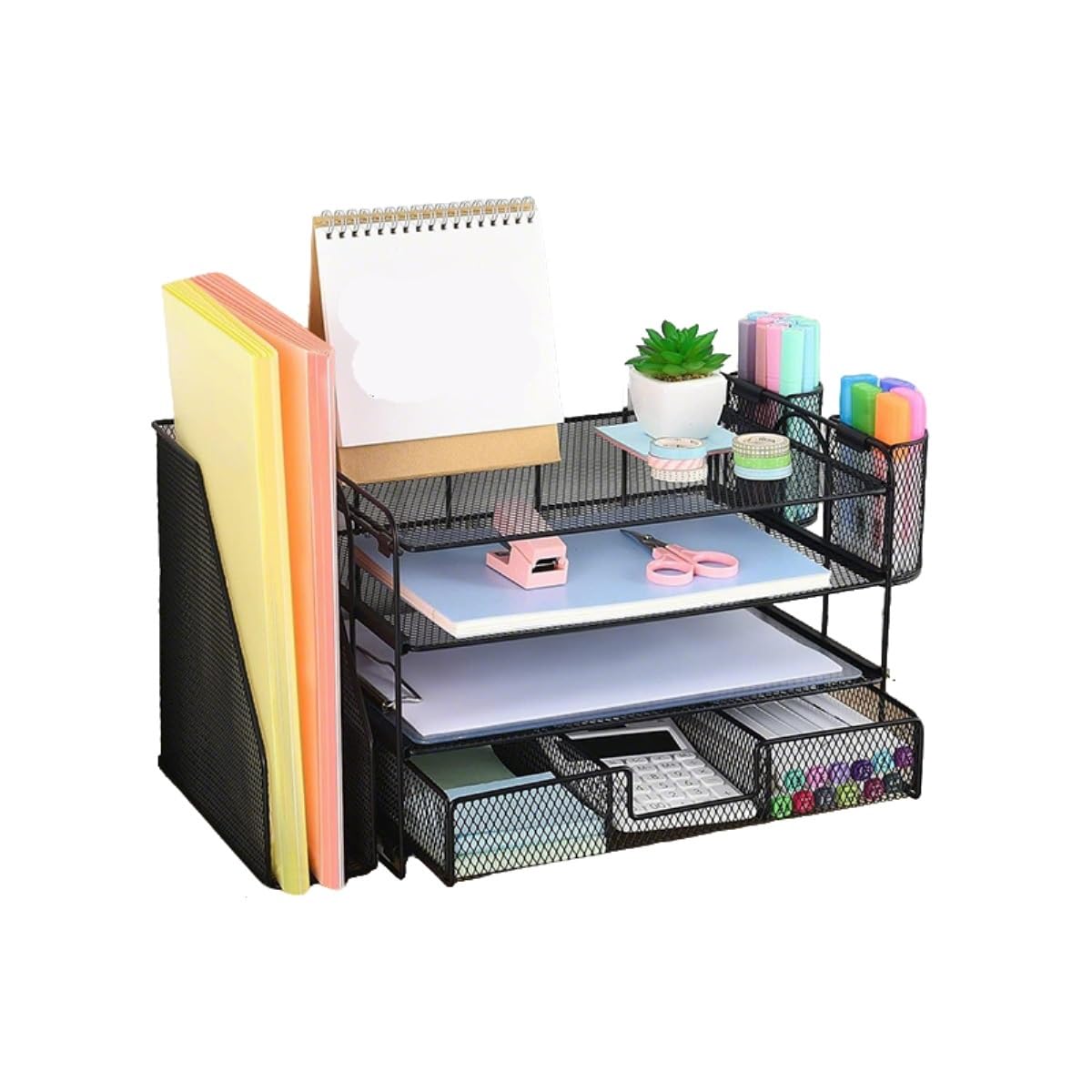 Portapenne da Scrivania, Portatutto Organizer da scrivania con cassetto portapenne Vassoio portadocumenti a 4 livelli Desktop Office Desk Organizer