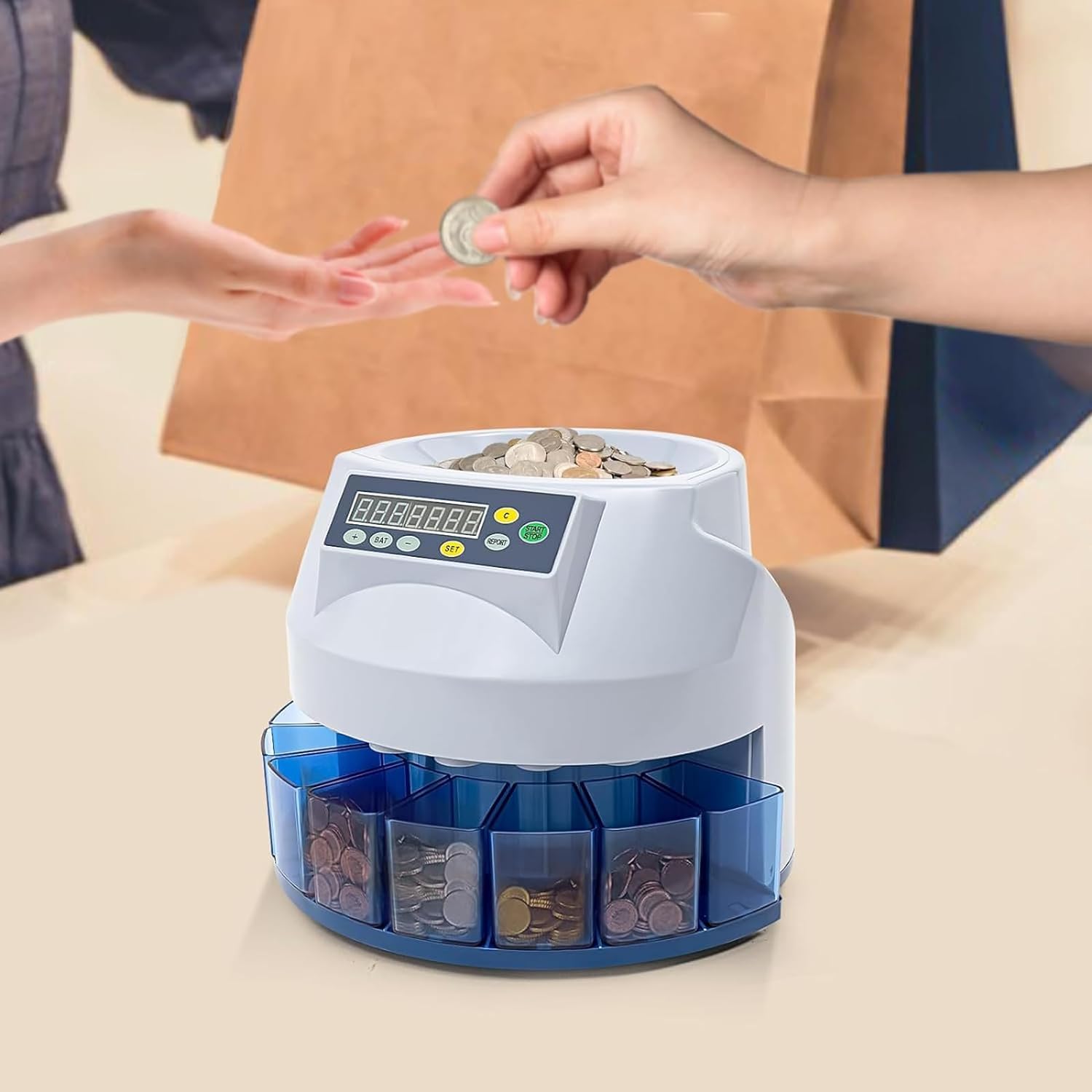 Macchina selezionatrice di monete, contatore di monete elettrico con display, 200 monete/min, autocontrollo dei guasti, design durevole, smistamento preimpostato per aziende e supermercati
