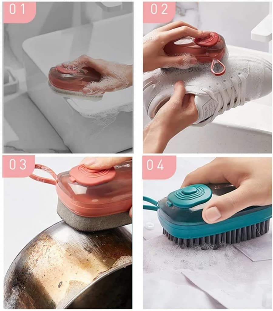 RAVIRANDAL 3 in 1 Multifunctional Washing Brush - Silicone & PBT Material - White - Automatic Liquid Adding - Soft Hair Laundry & Dishwashing Brush - Includes PBT Bristles, Sponge & Emery Brush Heads 4