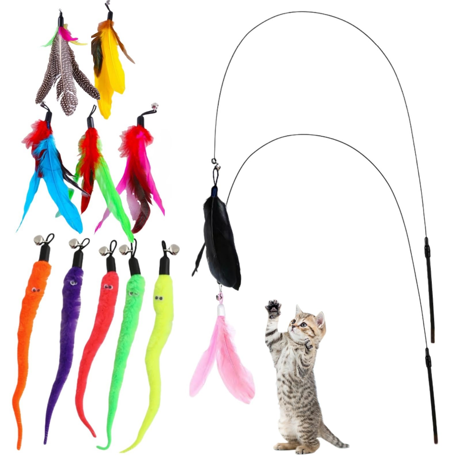 Nonyimu 12 pcs Cat Feather Teaser Set,2 Flexible Cat Wand Funny Sticks and 10 Replacement Feather Sets with Bell for Indoor Cats Adult & Kittens,Interactive Cat Feather Wand for Boredom and Exercise