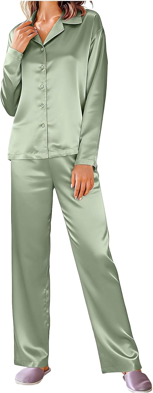 2 Piece Women Satin Pajamas Set, Silky Comfy Button Down Casual Loungewear Long Sleeve Loose Sleepwear Matching Pants Green