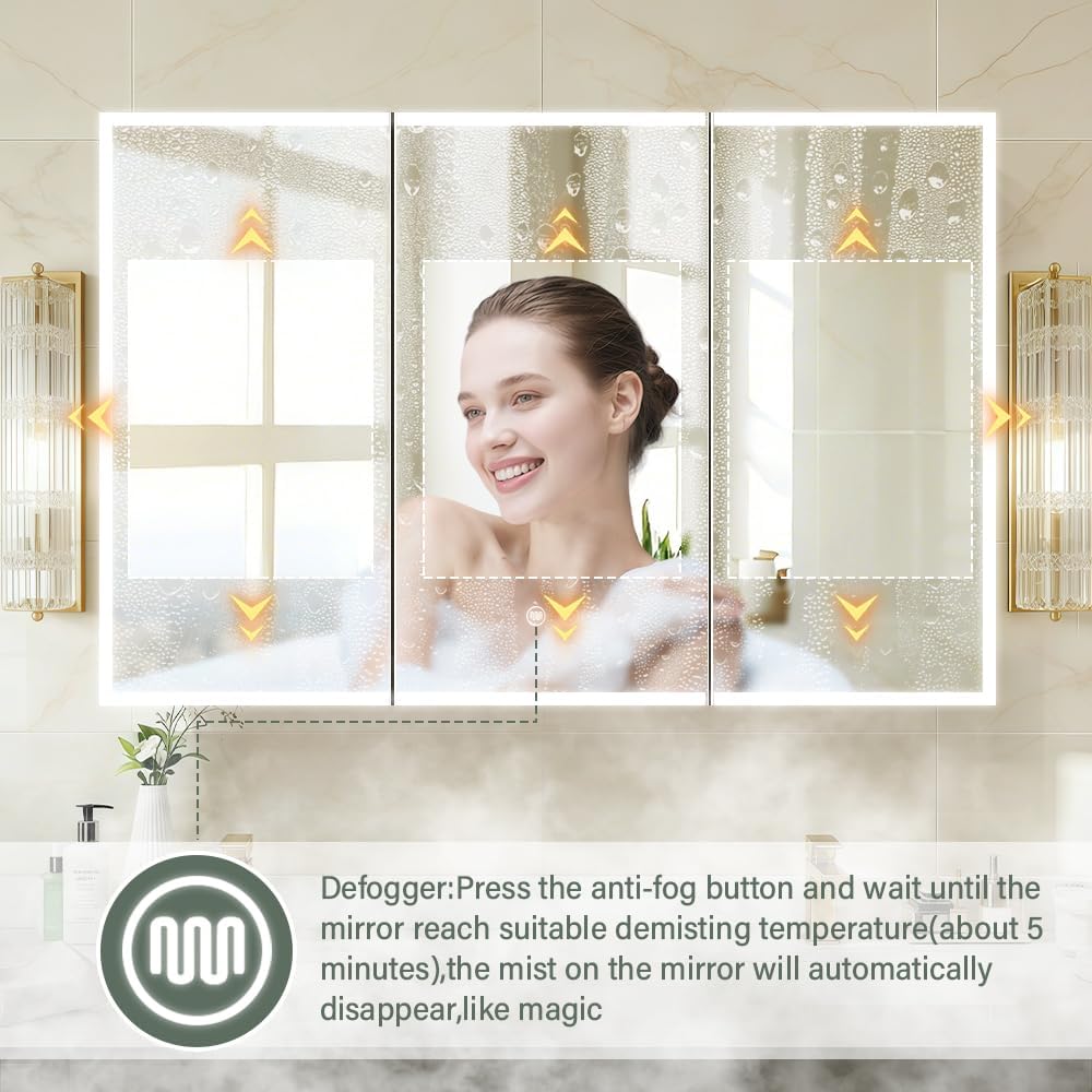 LED Medicine Cabinet,48x32inch,Recess Mirror Cabinet for Bathroom,3 Color,Dimmable,Demister, Detachable Side Panel for Recess Mount or Surface Mount,USB Shaver Socket, Internal Lighting