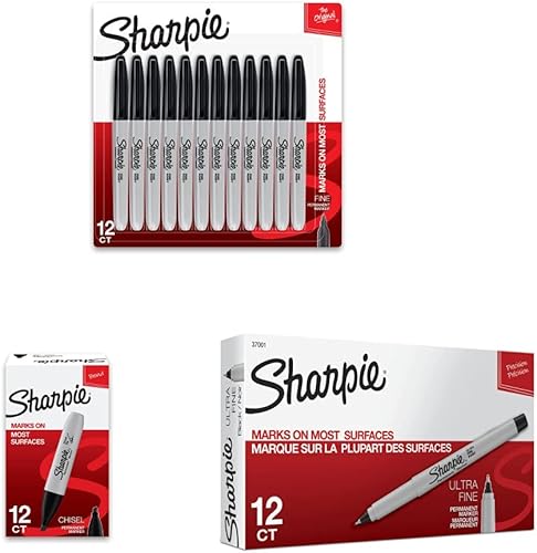 SHARPIE Marcadores permanentes, punta fina, negro, 12 unidades y marcadores permanentes Sharpie 38201, punta de cincel, negro, 12 unidades y