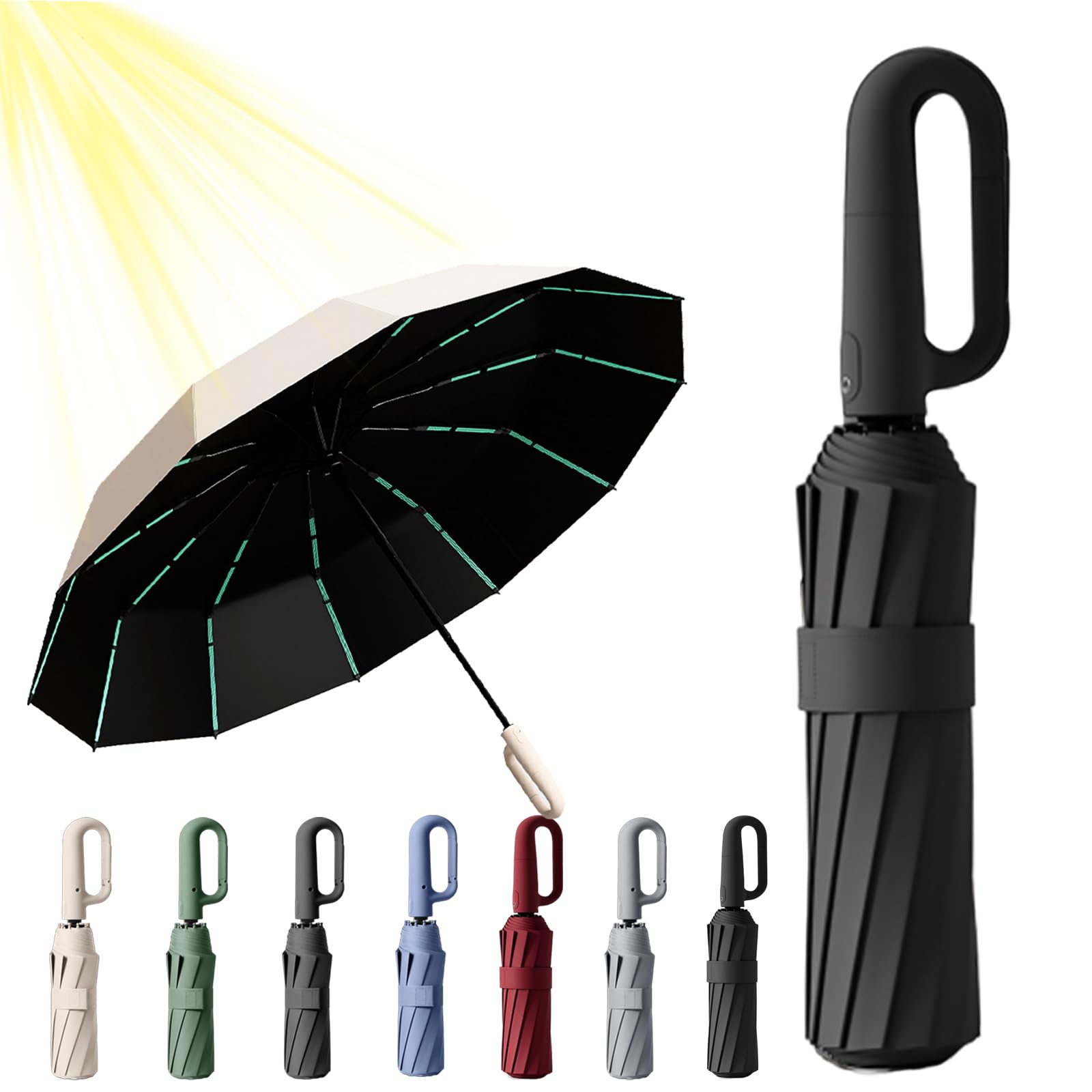 Ring Buckle Umbrella, Ring Buckle Umbrella Windproof, Reflective Safety Strip, 49In Compact Folding Durable Travel Reverse