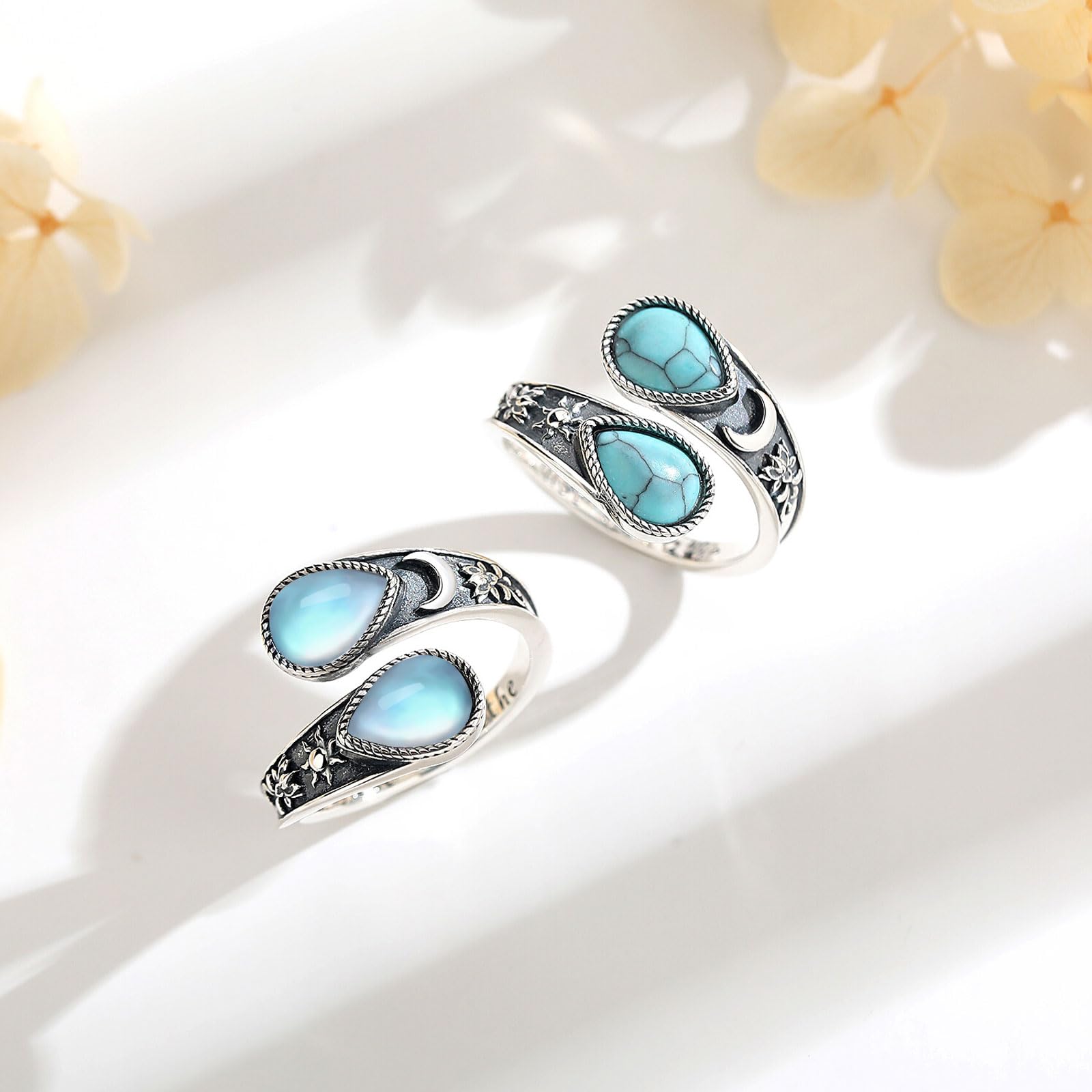 Umarmung Ring für Damen Herren S925 Sterling Silber, Verstellbarer Versprechen/Sonnenblume/Lotus/Lebensbaum Ring mit Mondstein Türkis Offener Ringe Geschenks für Frauen Herren