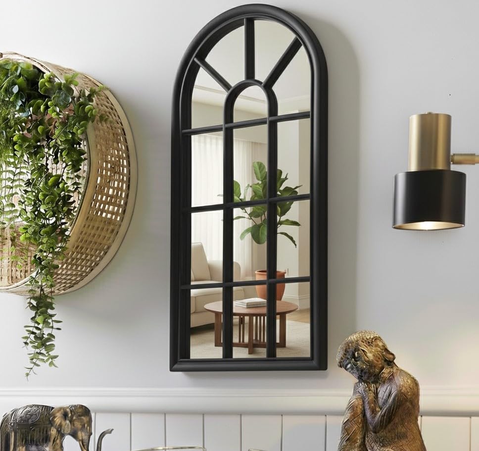 Window Style 70cm Mirror Living Room Decoration Hallway Home Panel Wall Glass Indoor/Outdoor (Black)