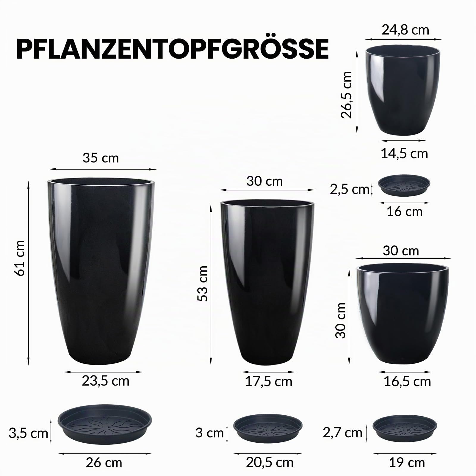ZMTECH Blumentöpfe 25/30/35,5/30 cm Durchmesser, 26/30/53/61 cm Hohe Pflanzentöpfe mit Abflussloch Untersetzer für Innen/Außen Pflanzen(4er-Set, Schwarz)