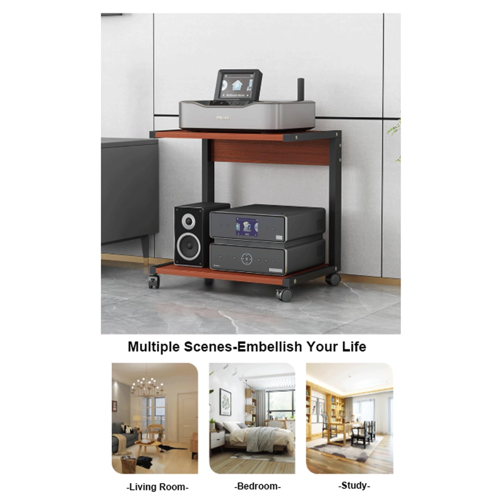 2-poziomowy stojak multimedialny HIFI AV z kółkami, nowoczesna drewniana wieża audio do konsoli do gier stereo i rozrywki, regał audio-wideo (czerwony 50 x 40 x 60 cm)